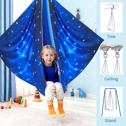 Image of Sensory Swing for Kids & Adults with 360 Swivel Hanger Kit, Double Layer Elastic Therapy Swing Holds up to 300lbs for Autism, ADHD,Aspergers, and SPD (Blue Whale)