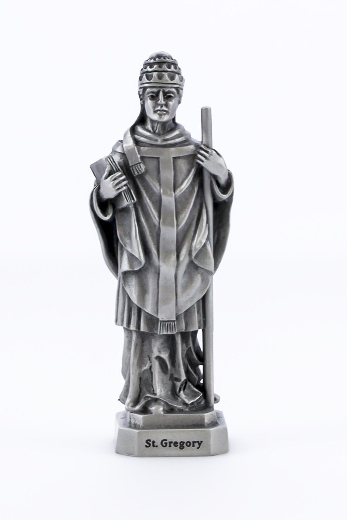 Pewter Catholic Saint St Gregory Statue with Laminated Prayer Card, 3 1/2 Inch