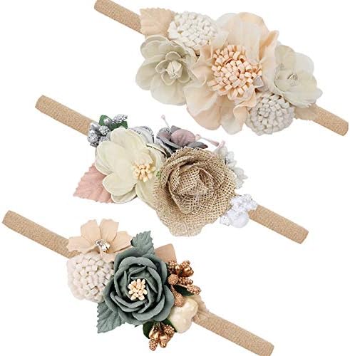 Baby Girl Flower Nylon Headband-Elastic Hair Band Handmade Bow For Newborn Infant Toddler Pack of 3 (Multicoloured)