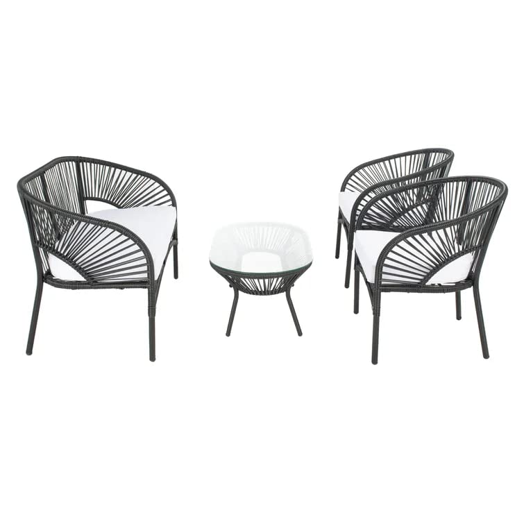 Image of DEVOKO Outdoor Patio 4 Piece Rope Garden Sectional Conversation Set with Glass Top Table for Backyard, Pool, Terrace, Deck (Black & White)