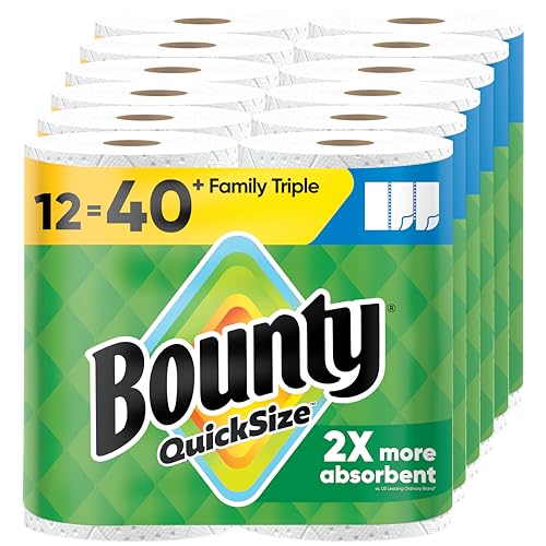 Bounty Quick-Size Paper Towels, White, 12 Family Triple Rolls = 40 Regular Rolls