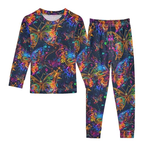 ALAZA Neon Butterfly Pajamas Long Sleeve Sleepwear 2-Piece Pajama Set