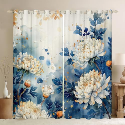 Erosebridal White Chrysanthemum Curtains for Kids Girls Chic Floral Blackout Curtains 84x90,Spring Garden Curtains & Drapes Watercolor Style Bedroom Curtains Plant Botanical Window Treatments