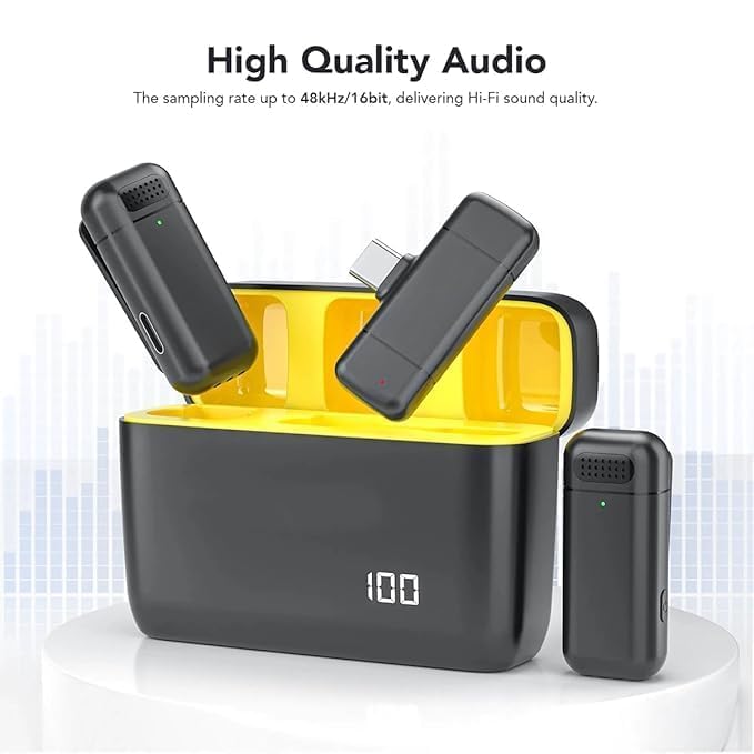 Image of Omnidirectional Wireless Lavalier Microphone for Android /iPhone 3 in 1 Collar Mic with USB-C & Lightning Plug | Rechargeable Wireless Mini Portable Bluetooth Speaker with Microphone (Yellow-K13)