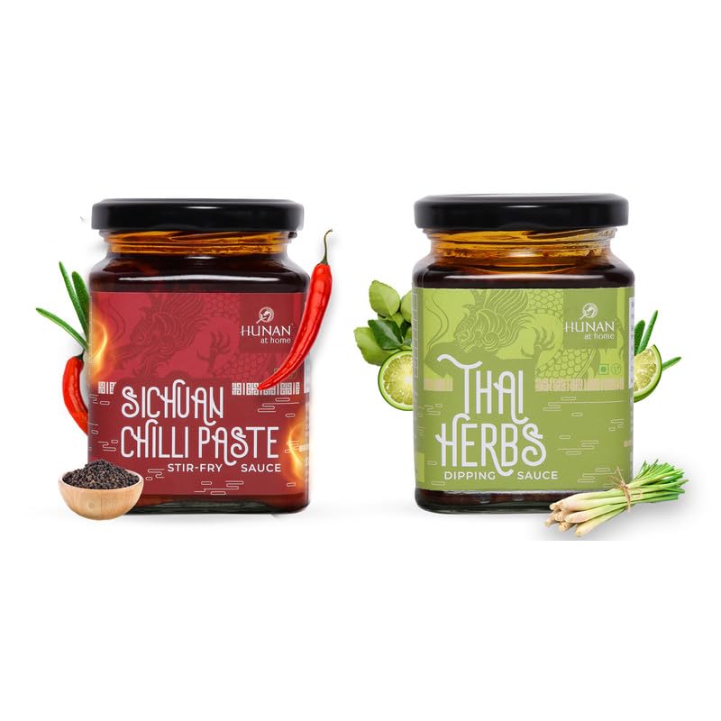 HUNAN AT HOME Spicy And Herby Combo (500 Gram), Sichuan Paste, Thai Herbs, No Msg, Stir Fry, 100% Vegetarian, Chinese Cooking Sauce, Asian, Momo Dip, Marinade, Ready To Use Sauces