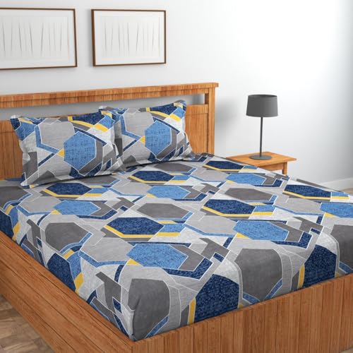 Image of Jashan Premium Cotton Fitted Bedsheets with 2 Pillow Covers for King Size Bed | 200-220 TC | Size 78x72+10 Inches | Grey & Blue | Soft, Durable, All-Around Elastic Modern Design