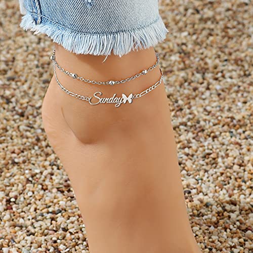 Jecivila Personalized Name Anklet Bracelet For Women Silver Layered Beaded Butterfly Anklet Adjustable Custom Initial Anklet Summer Beach Jewelry Gift For Women Girls #TOP1