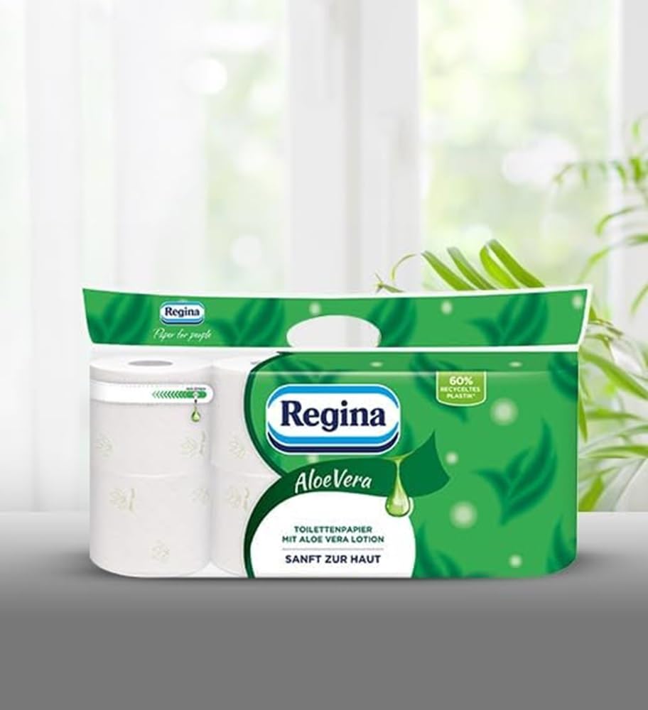 Regina Aloe Vera 3-lagiges Toilettenpapier – 56-Rollen-Packung, 150 Blatt pro Rolle, Sanft und Zuverlässig, Pflegt dank Aloe-Vera-Essenz, FSC-zertifiziertes Papier | 150 Blatt pro Rolle, Sanft und Zuverlässig, Pflegt dank Aloe-Vera-Essenz, FSC-zertifizier
