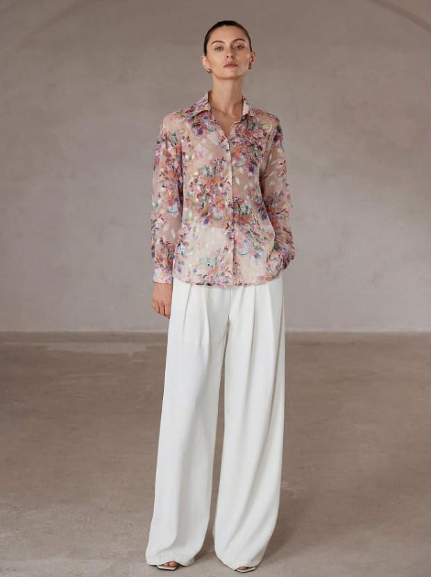 Image of Women Shirt || Women Top ||Floral Print Polo Collar Shirt, Casual Long Sleeve (S-26-28)