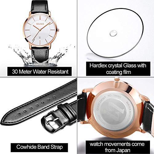 Image of OLEVS Men Leather Watches Black Ultra Thin 6.5mm Minimalist Dress Fashion Simple Casual Waterproof Date Watch for Men