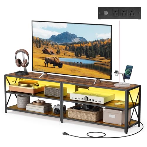 VASAGLE TV Stand with Power Outlets and LED Lights, for TVs up to 65 Inches, Entertainment Center with Open Storage Shelves, TV Console Table for Living Room, Rustic Brown and Ink Black ULTV118K01