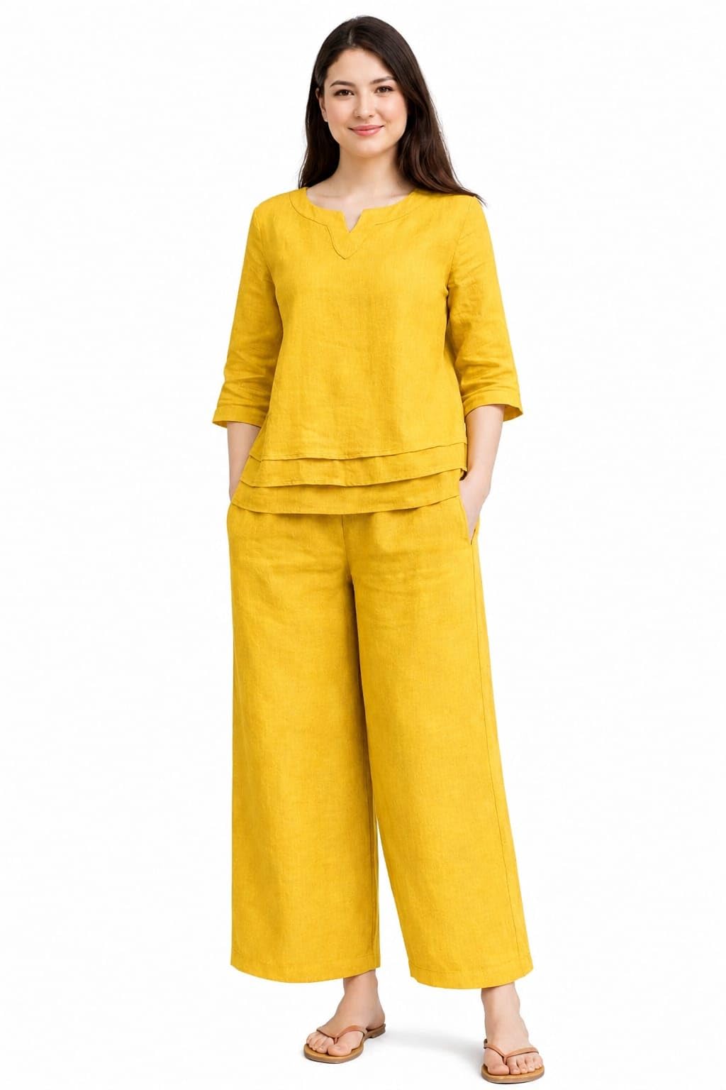 Women's Navy Blue Linen Blend Co-Ord Set with Wide Leg Pants-picture-44