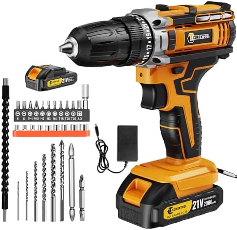 CONENTOOL 21 V Cordless Screwdriver Set, Cordless Drill with 2000 mAh Batteries, 45 N.m Max Impact Drill, Torque on 25+1 Levels, Drill Driver with 30 Pieces