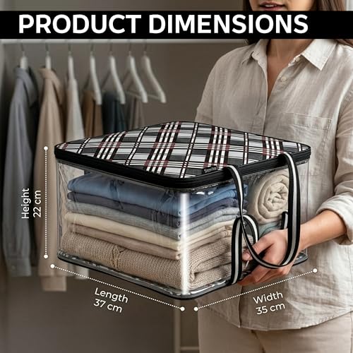Image of Storite Saree Bags, Transparent with Zip, 37x35x22 cm, Grey /Black | Moisture & Dust Proof, Wardrobe Organizer, Saree Covers For Storage