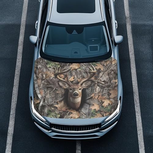Image of Camo Hunting Deer Car Hood Cover Protector Breathable Elastic Fabrics All-Season Protection Auto Hood Decoration and Protection for Most Sedans Small SUV Truck