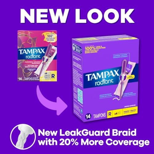 Image of Tampax Radiant Tampons for Women Multipack,with LeakGuard Braid,Regular /Super Absorbency,Unscented,84 Count (Pack of 2)