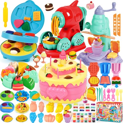 4 IN1 Kit plastilina per Bambini, 104 Pezzi Formine per Plastilina Accessori Cucina, Gelateria+Noodle+Pasticcera+Burger, 36 Vasetti Das Pasta modellabile, Regalo per Bambini dai 3 ai 12 Anni