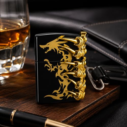 Image of Refillable Metal Lighter with Adjustable Flame, Wind Resistant Pocket Lighter, Decorative Claw Design, Reusable Flip Top Lighter for Men, Gift & Everyday Carry (Black)