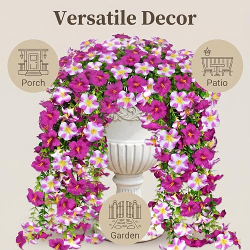 4PCS Artificial Fake Hanging Flowers Plants for Outdoor Decoration Faux Silk Morning Glory with Eucalyptus Leaves UV Resistant Realistic Flowers for Balcony Porch Patio Yard (White image 8