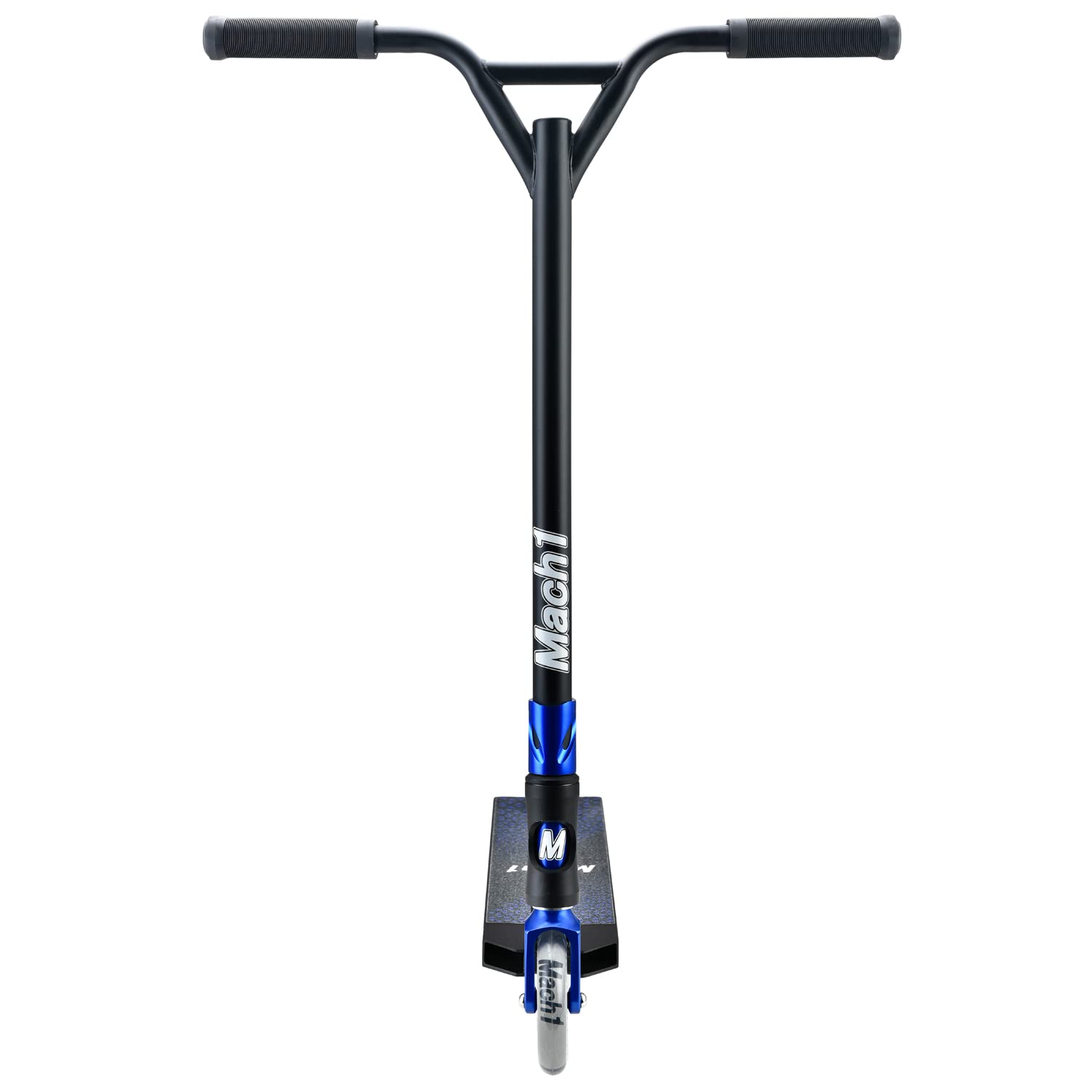 Mach1 Stunt Scooter Kierownica 360° – kółka 120 mm z aluminiowym rdzeniem i łożyskami kulkowymi ABEC 9, hulajnoga, Fun Stunts Trick Roller dla dzieci od 6 lat (czarno-niebieska z przezroczystymi kółkami)