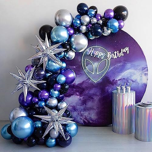 Space Birthday Decorations Supplies Metallic Chrome Blue Purple Silver Balloon Arch Garland Kit-125pcs Blue Purple Silver Balloons For Space Birthday Party, Baby Shower, Graduation