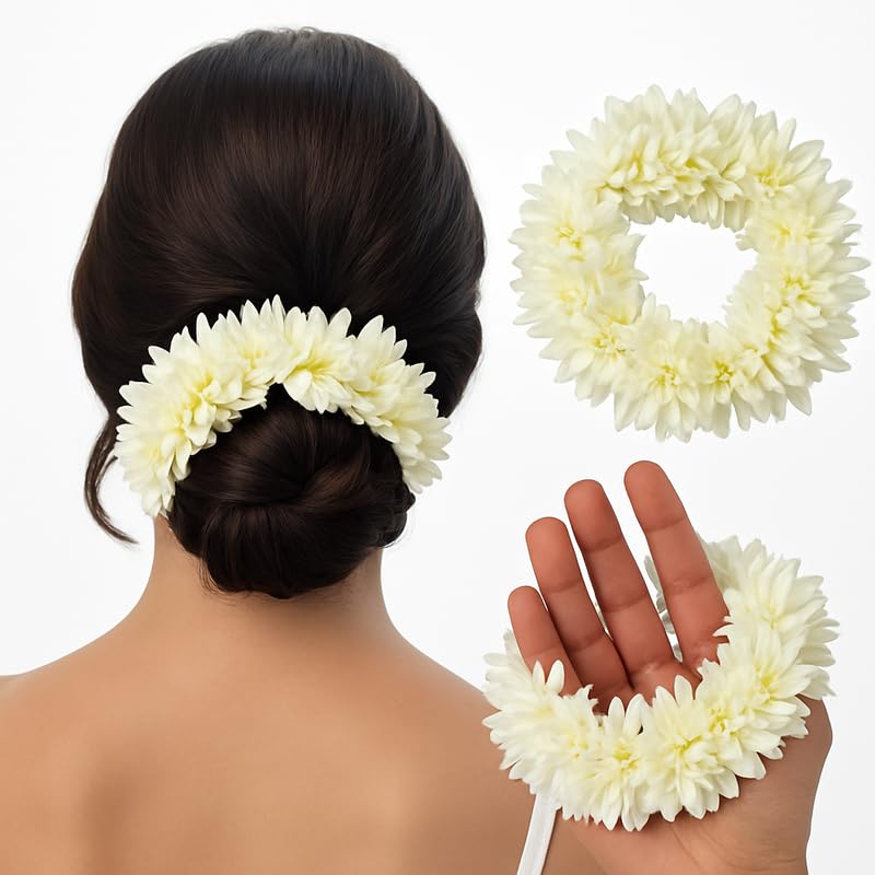 Mirha's Touch (2 Pc) Scented Mogra Gajra Hair Accessories For Women & Girls - Artificial Gajra Scrunchie Rubber band Hair Flower Bun - Cute & Premium, White-picture-23