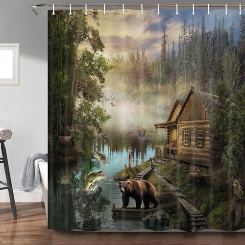 Bzhilja Natural Scenery Lake House Bear Shower Curtain Sets, Wooden Cabin Pine Tree in Magic Forest, Waterproof Fabric Bath Curtain Bathroom Accessories Decor Set with Hooks, 60X70 in