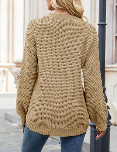 Image of MEROKEETY Women's Fall Long Sleeve Waffle Knit Oversized Sweater | Fall Fashion, Crew Neck, Tunic, Dressy Casual, Trendy, Cute, Pullover Tops, Long Lantern Sleeves, Loose Fit, Drop Shoulder
