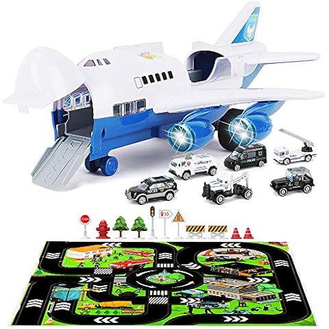 Veluoess Transport Cargo Airplane Car Toy Set, Transport Airplane Toy with 6 Mini Police Cars and Scene Play Mat Children Early Educational Toy with Sound and Light Best Gift for Kids 3+ Cover