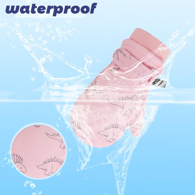 Image of Urban Virgin Toddler Winter Gloves Kids Waterproof Snow Mittens Baby Mittens Boys And Girls Cuffed Snow Gloves C-PinkDino S(1T-3T)