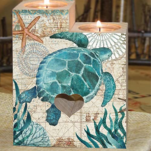 Youtary Blue Sea Turtle Nautical Map Pattern Heart Tealight Candle Holder Wooden Decorative Personalization Romantic Gift For Wedding Christmas Girlfriend Birthday Anniversary #TOP3