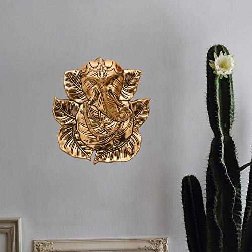 Image of Collectible India Ganesha Metal Wall Hanging Statue Idol Ganesh Gold Finish Sculpture - Fengshui Vastu Good Luck Diwali Decoration Item (Size 8.5 x 7.5 Inches)