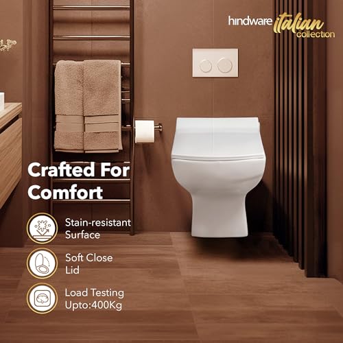 Image of Hindware Italian Collection Fluid Wall Hung Western Commode with Duroplast Seat Cover for Bathroom | Made of Ceramic | Star White | Geomteric Shape | Wall Mount Ewc