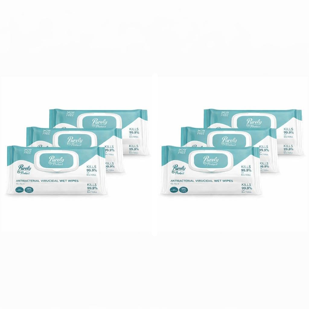 Purely Protect Antibacterial & Virucidal Wet Wipes | Biodegradable, Plastic‑Free, Eco‑Friendly Cleaning Wipes | For Home, Office, Workplace & Industrial Use (6 Packs of 100)