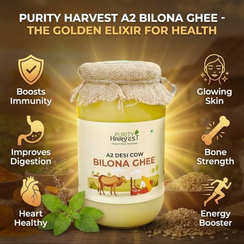 Image of Purity Harvest A2 Desi Cow Ghee 2 litre | Vedic Bilona Churned | Grass-Fed Gir Cow Milk | Cultured Curd Ghee | Pure & Natural | Traditional Indian Method | Danedar Texture | Healthy Cooking & Puja Use | Glass Bottle Pack