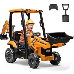 First Ride On JCB 12V Ride on Excavator for Kids with Remote Control, 3-in-1 Excavator, Bulldozer & Backhoe Ride on Toy, Kids Electric Construction Car with Reversible Seat, Canopy & Seat Belt (12V)