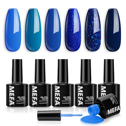 MEFA Smalto Semipermanente Unghie, Blu Glittero 6 Colori Smalti Semipermanenti per Unghie, Soak-Off UV Gel per Natale Nail Art Smalto Gel Professionali Kit