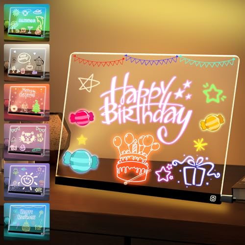 Exbelle 16“ LED Drawing Board for Kids 7 Colors Light Acrylic Dry Erase Board with Stand 2 Modes Led Note Board for Room/Store/Office Ideal Gift for Birthday Festival 7 Markers