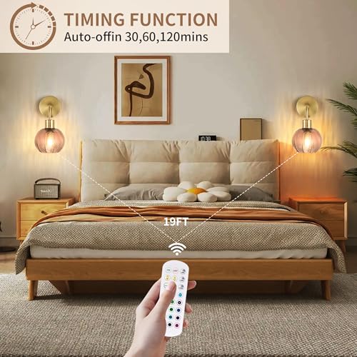 Image of Vintage Battery Operated Wall Sconces Set of Two 2,Wireless Rechargeable Wall Sconce with Remote,Gold Wall Lamp with Glass Lampshade,Dimmable Wall Light Fixtures For Bedroom Bedside Living Room Decor