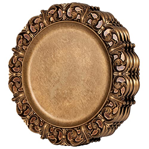 MAONAME Placas de carga de oro antiguo de 13 pulgadas con llantas en relieve, juego de 4, cargadores de placas de plástico para platos de cena, ajuste de mesa Cover