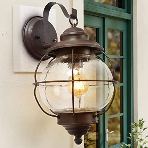 Up To 40% OFF LNC Exterior Porch Light Fixture, 17" Large Size Globe Seeded Glass & Metal Cage Frame for Garage, Hallway and Patio, Rustic Bronze Outdoor Wall Sconce