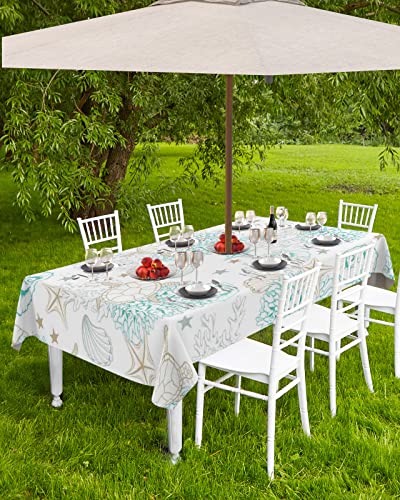 Chees D Zone Rectangle Ocean Theme Table Cloth with Umbrella Hole,Zippered Turtle Coral Starfish Tablecloth Spillproof Tablecloths,Underwater World Patio Table Cloths for Outdoor Picnic Party 60x84in