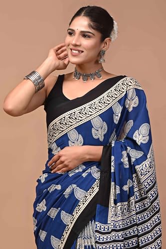 Image of Crafts Moda Hand Block Ajrakh Print Cotton Saree for women with Blouse | Soft comfortable wear sari