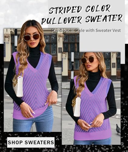 Image of MARZXIN Women Sleeveless Sweater V Neck Casual 2026 Fall Knitted Chevron V Neck Sweater Vest Color Block Pullover Sweater Top