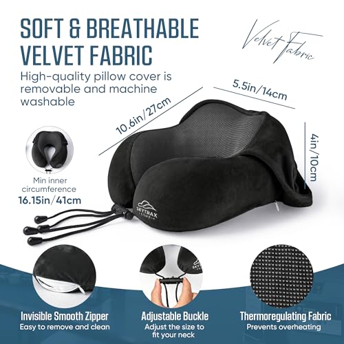Image of SkytraxComf Travel Neck Pillow with Hood for Privacy on Long Flights | Memory Foam | Airplane Sleep | Safety-Tested Materials | Extra Large Hood | Chin Support | Earplugs | Washable Cover