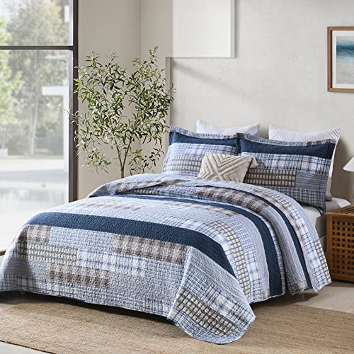 Finlonte Quilt King Size 100% Cotton King Size Quilts Blue Beige White Bedspreads Plaid Quilts Lightweight Soft Breathable Bedding Sets For All Season, 3 Piece #TOP2