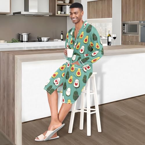 Long Sleeve Sleep Robes for Men-Avocado Cartoon, Lightweight Bathrobe with Belt Pockets M2