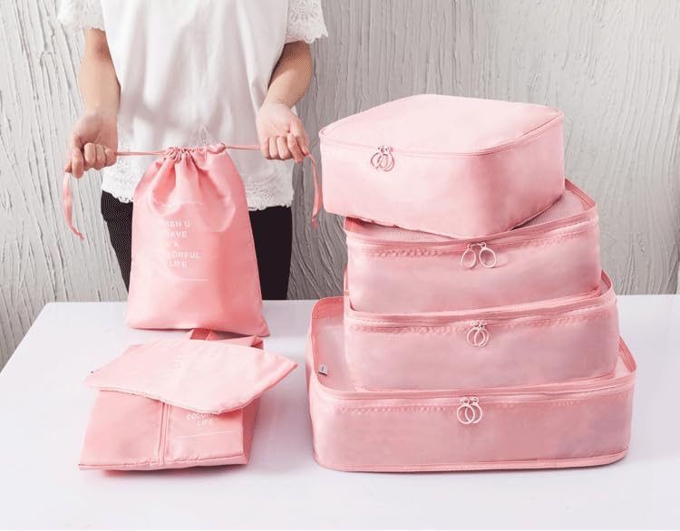 Image of Packing Cubes for Travel, 7-Piece Luggage Organizer Set with Shoe Bag & Laundry Pouch, Lightweight Compression Travel Organizers for Suitcases, Carry-On & Backpacks (BLUSH)
