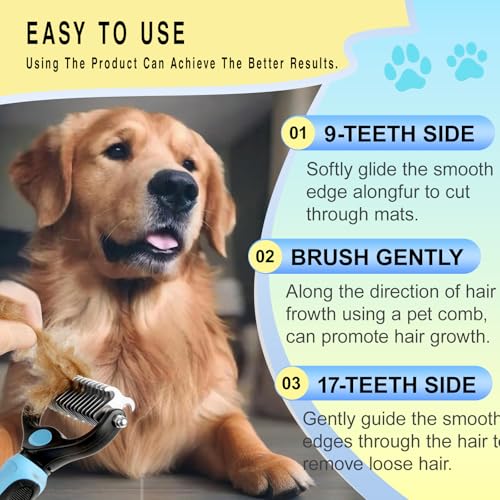 Pet Grooming Rake for Dogs & Cats - Double-Sided Deshedding and Dematting Tool, Gently Remove 95% of Loose Undercoat & Mats for Long-Haired Pets, Painless Fur Brush for Shedding Control (Blue) - Image 2