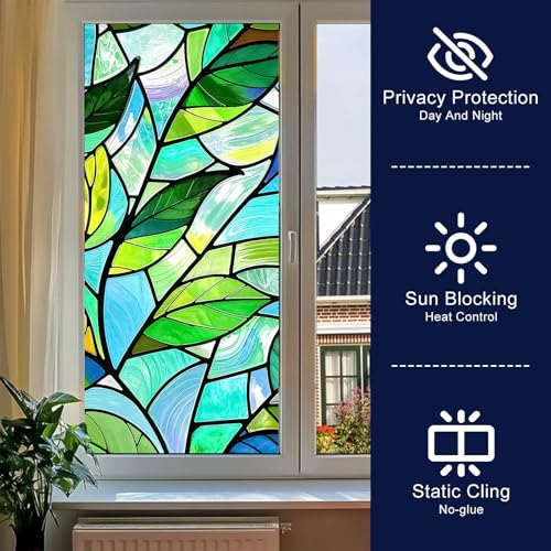 Vinilo decorativo para ventana BlissYard hojas verdes 44.96x100 cm miniatura 2